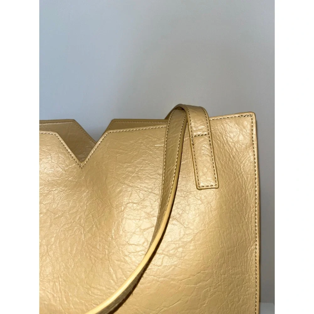 PIXIE MOOD Alicia Tote Bag Vegan Leather Geometric V Cut Soft Yellow Drop Handle